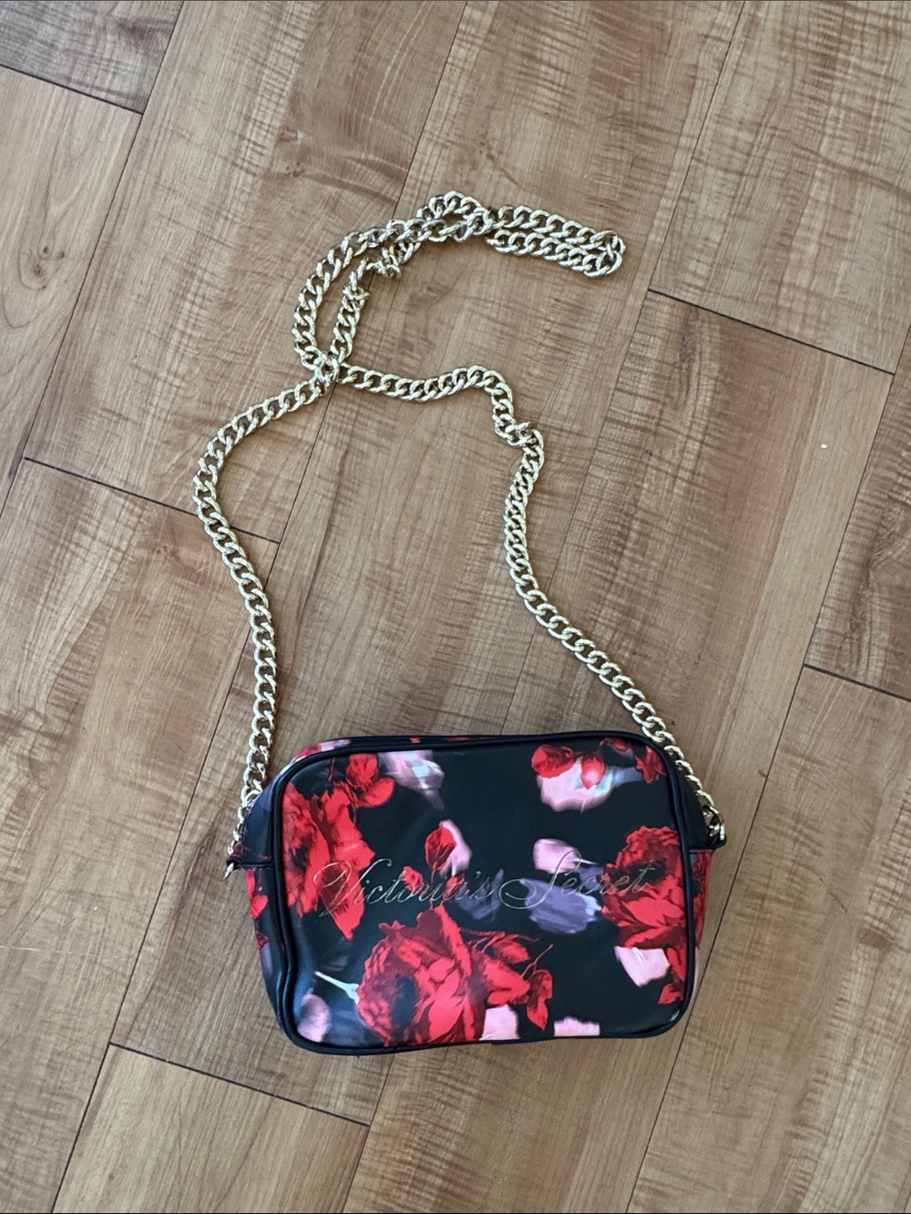 Victoria's Secret Black Floral Crossbody with Gold Chain Strap